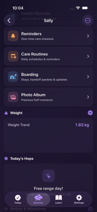 MoonBun health timeline for a rabbit