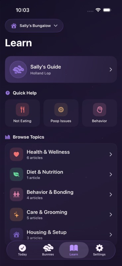 MoonBun Learn screen showing rabbit care resources