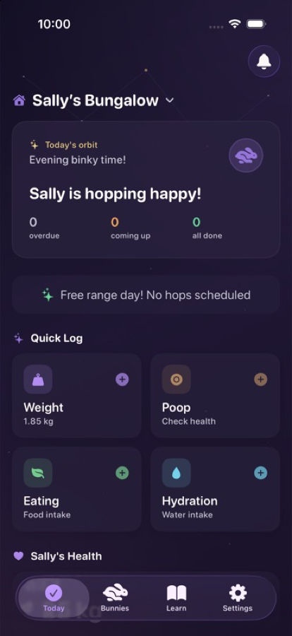 MoonBun Today screen showing rabbit care tasks and reminders
